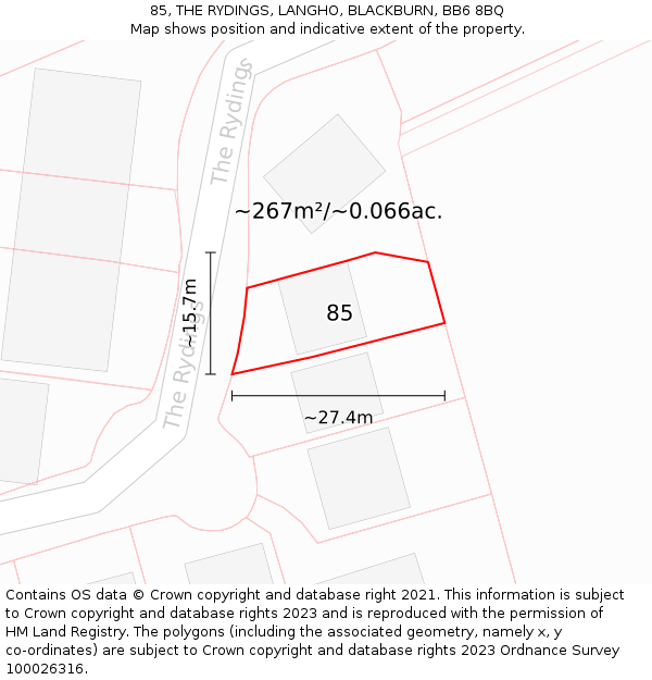85, THE RYDINGS, LANGHO, BLACKBURN, BB6 8BQ: Plot and title map