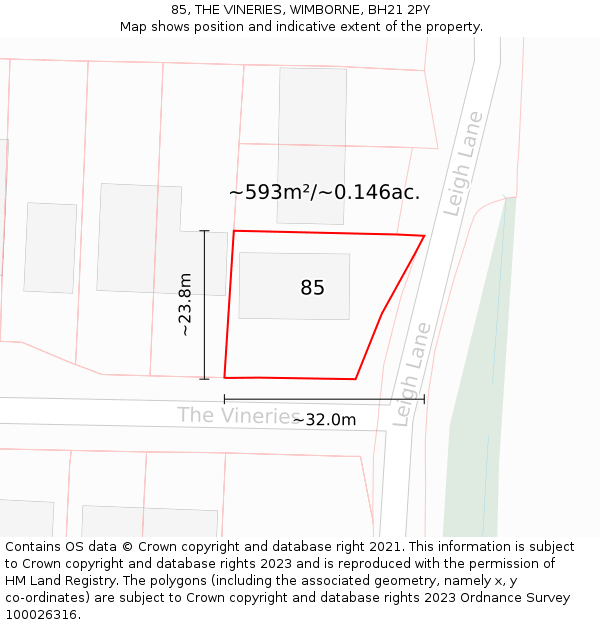 85, THE VINERIES, WIMBORNE, BH21 2PY: Plot and title map