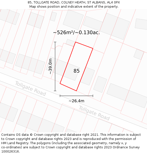 85, TOLLGATE ROAD, COLNEY HEATH, ST ALBANS, AL4 0PX: Plot and title map