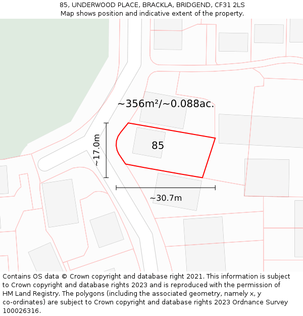 85, UNDERWOOD PLACE, BRACKLA, BRIDGEND, CF31 2LS: Plot and title map