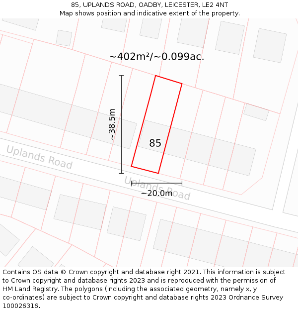 85, UPLANDS ROAD, OADBY, LEICESTER, LE2 4NT: Plot and title map