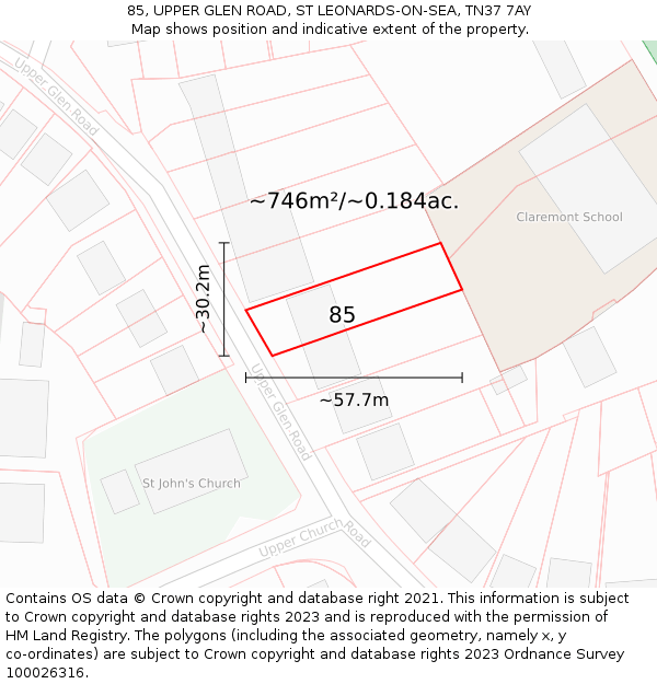 85, UPPER GLEN ROAD, ST LEONARDS-ON-SEA, TN37 7AY: Plot and title map