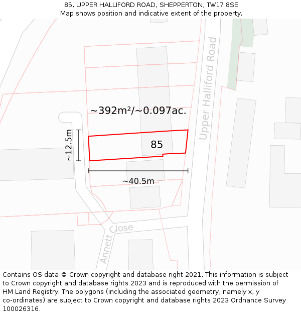 85, UPPER HALLIFORD ROAD, SHEPPERTON, TW17 8SE: Plot and title map