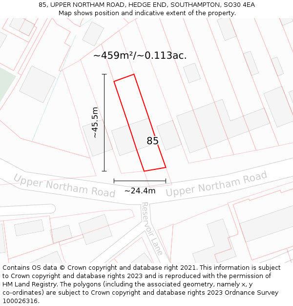 85, UPPER NORTHAM ROAD, HEDGE END, SOUTHAMPTON, SO30 4EA: Plot and title map