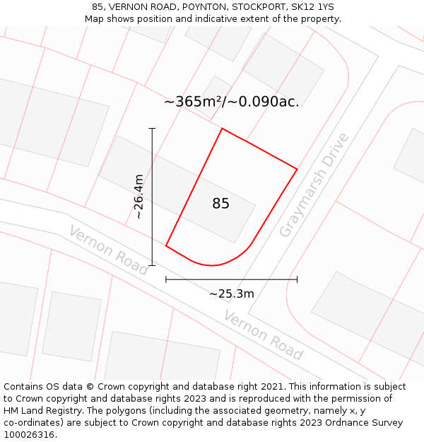 85, VERNON ROAD, POYNTON, STOCKPORT, SK12 1YS: Plot and title map