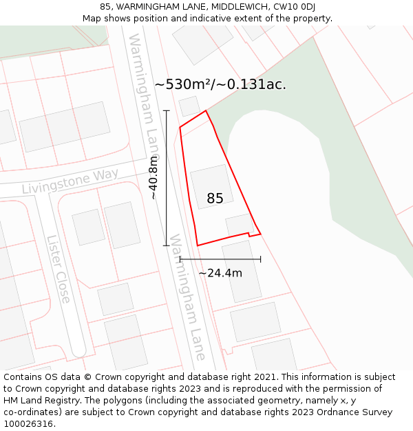 85, WARMINGHAM LANE, MIDDLEWICH, CW10 0DJ: Plot and title map