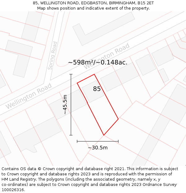 85, WELLINGTON ROAD, EDGBASTON, BIRMINGHAM, B15 2ET: Plot and title map
