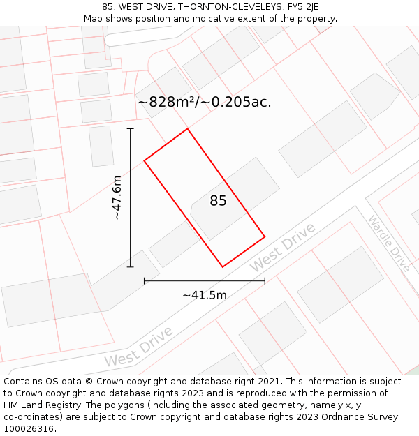 85, WEST DRIVE, THORNTON-CLEVELEYS, FY5 2JE: Plot and title map