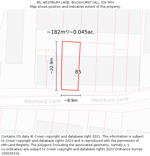 85, WESTBURY LANE, BUCKHURST HILL, IG9 5PH: Plot and title map