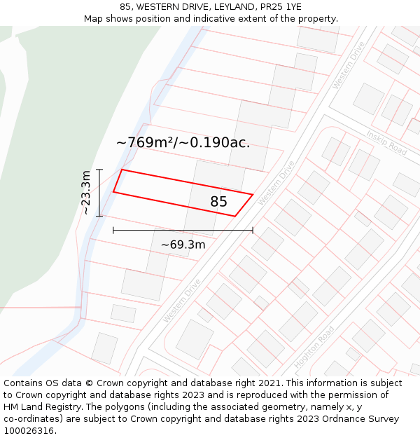 85, WESTERN DRIVE, LEYLAND, PR25 1YE: Plot and title map