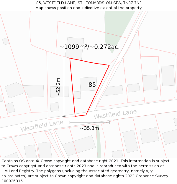 85, WESTFIELD LANE, ST LEONARDS-ON-SEA, TN37 7NF: Plot and title map