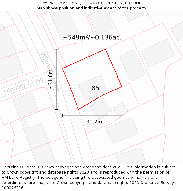 85, WILLIAMS LANE, FULWOOD, PRESTON, PR2 9UF: Plot and title map