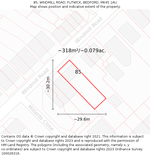 85, WINDMILL ROAD, FLITWICK, BEDFORD, MK45 1AU: Plot and title map