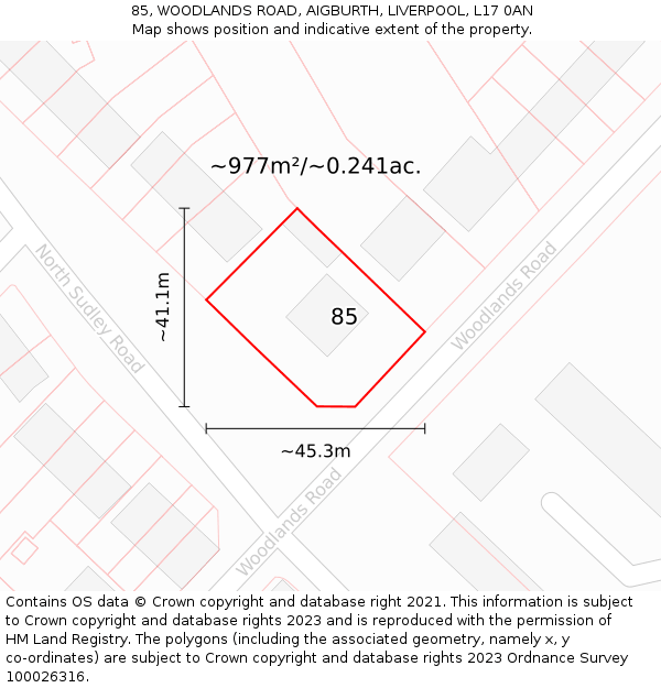 85, WOODLANDS ROAD, AIGBURTH, LIVERPOOL, L17 0AN: Plot and title map