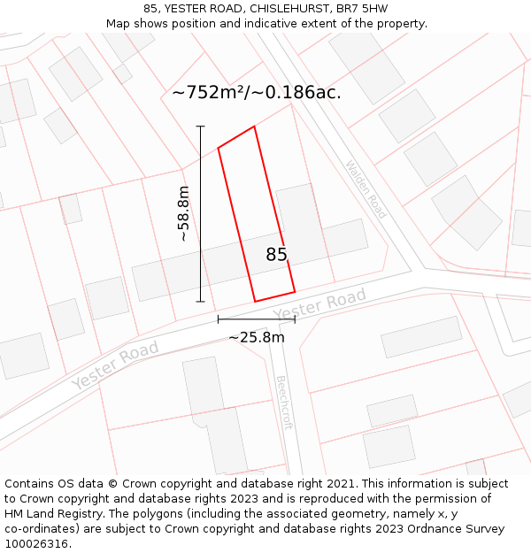 85, YESTER ROAD, CHISLEHURST, BR7 5HW: Plot and title map