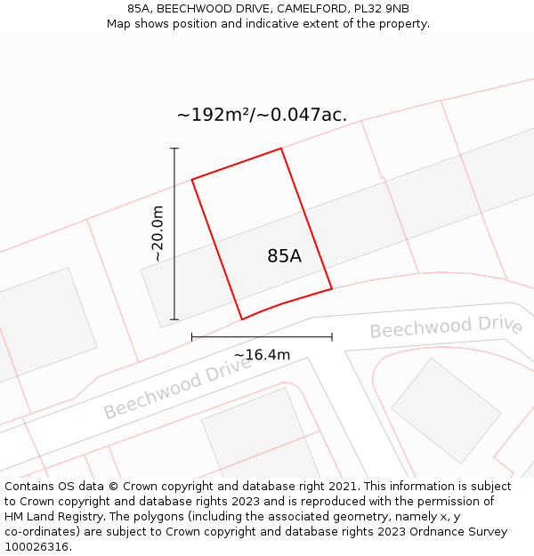 85A, BEECHWOOD DRIVE, CAMELFORD, PL32 9NB: Plot and title map