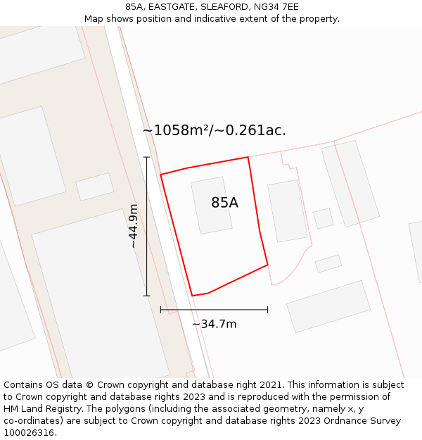 85A, EASTGATE, SLEAFORD, NG34 7EE: Plot and title map