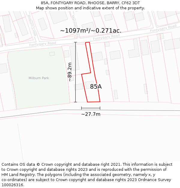 85A, FONTYGARY ROAD, RHOOSE, BARRY, CF62 3DT: Plot and title map