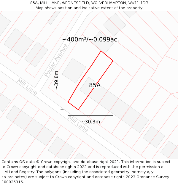 85A, MILL LANE, WEDNESFIELD, WOLVERHAMPTON, WV11 1DB: Plot and title map