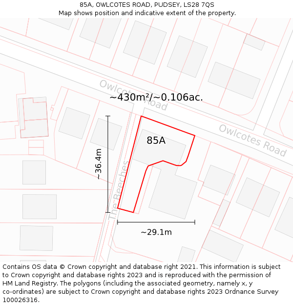85A, OWLCOTES ROAD, PUDSEY, LS28 7QS: Plot and title map