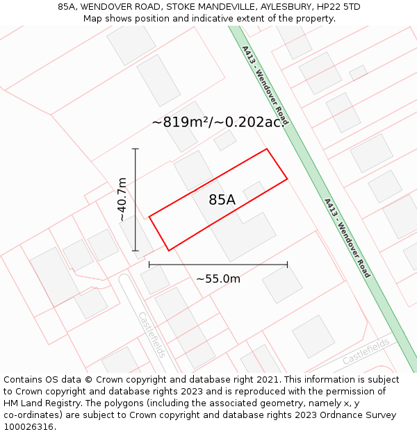 85A, WENDOVER ROAD, STOKE MANDEVILLE, AYLESBURY, HP22 5TD: Plot and title map