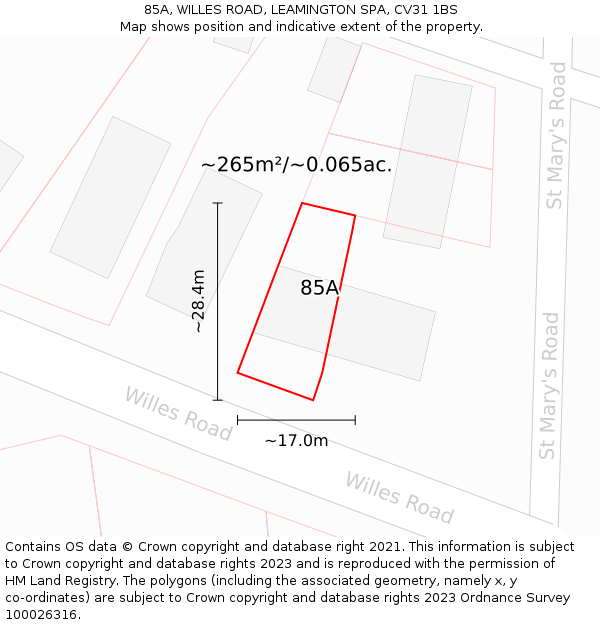 85A, WILLES ROAD, LEAMINGTON SPA, CV31 1BS: Plot and title map
