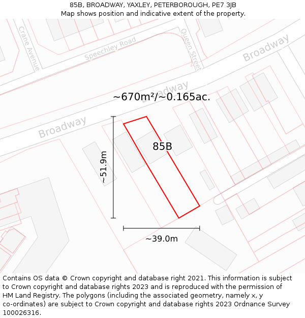 85B, BROADWAY, YAXLEY, PETERBOROUGH, PE7 3JB: Plot and title map