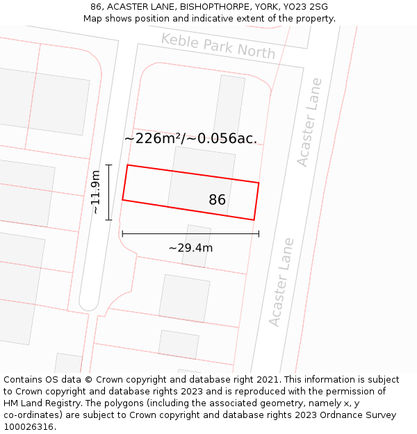 86, ACASTER LANE, BISHOPTHORPE, YORK, YO23 2SG: Plot and title map