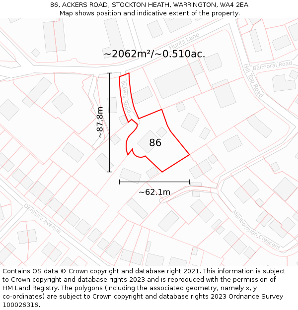 86, ACKERS ROAD, STOCKTON HEATH, WARRINGTON, WA4 2EA: Plot and title map