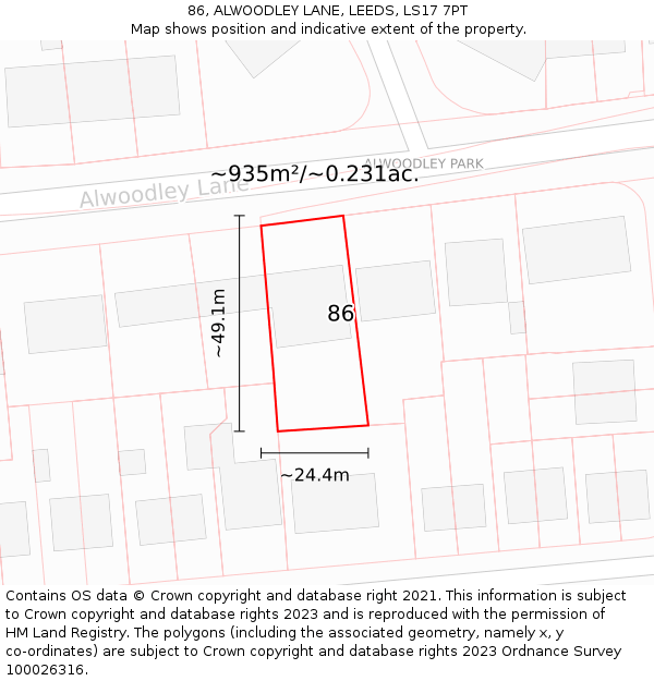 86, ALWOODLEY LANE, LEEDS, LS17 7PT: Plot and title map