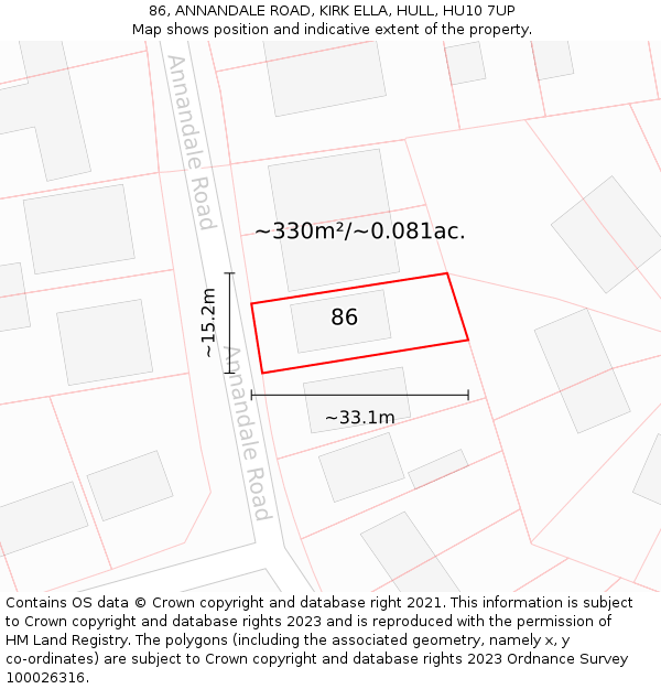 86, ANNANDALE ROAD, KIRK ELLA, HULL, HU10 7UP: Plot and title map