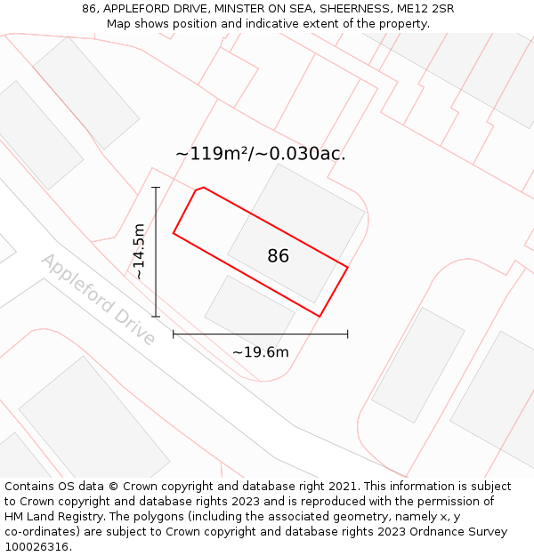 86, APPLEFORD DRIVE, MINSTER ON SEA, SHEERNESS, ME12 2SR: Plot and title map