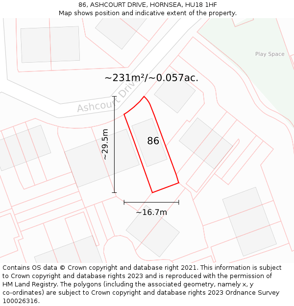 86, ASHCOURT DRIVE, HORNSEA, HU18 1HF: Plot and title map