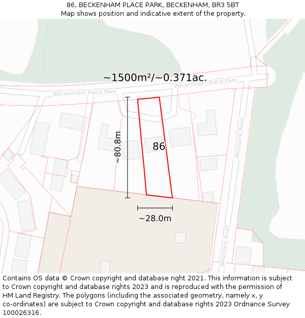 86, BECKENHAM PLACE PARK, BECKENHAM, BR3 5BT: Plot and title map