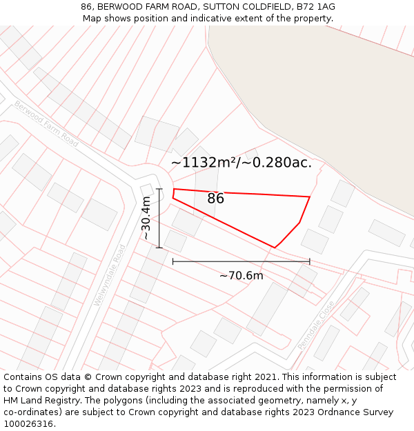 86, BERWOOD FARM ROAD, SUTTON COLDFIELD, B72 1AG: Plot and title map