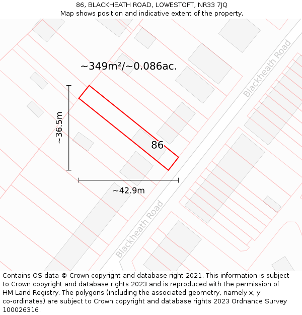 86, BLACKHEATH ROAD, LOWESTOFT, NR33 7JQ: Plot and title map