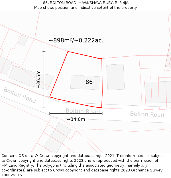 86, BOLTON ROAD, HAWKSHAW, BURY, BL8 4JA: Plot and title map