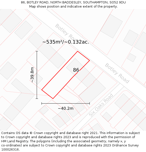 86, BOTLEY ROAD, NORTH BADDESLEY, SOUTHAMPTON, SO52 9DU: Plot and title map
