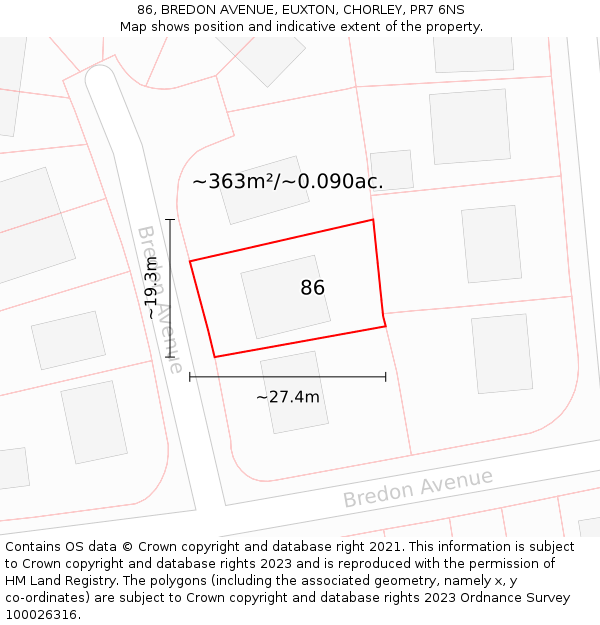 86, BREDON AVENUE, EUXTON, CHORLEY, PR7 6NS: Plot and title map