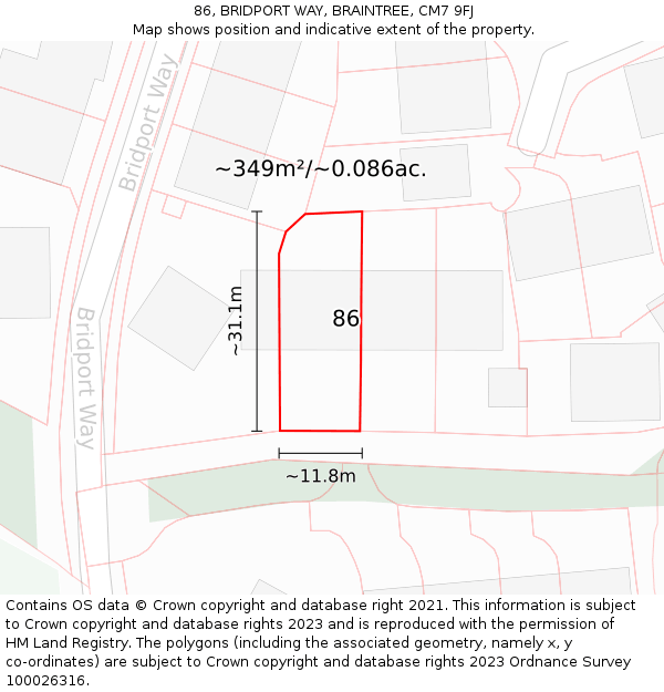 86, BRIDPORT WAY, BRAINTREE, CM7 9FJ: Plot and title map