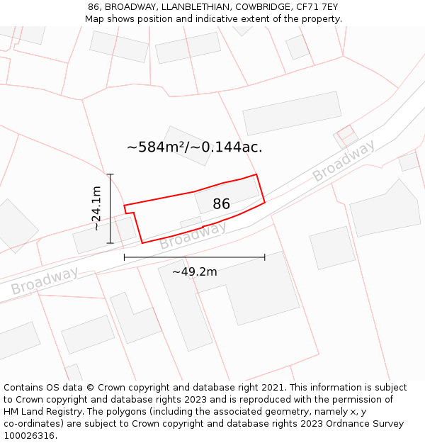 86, BROADWAY, LLANBLETHIAN, COWBRIDGE, CF71 7EY: Plot and title map