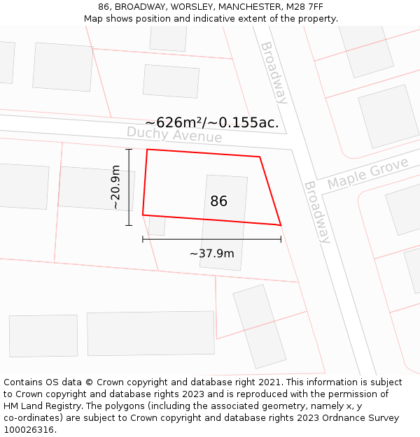 86, BROADWAY, WORSLEY, MANCHESTER, M28 7FF: Plot and title map