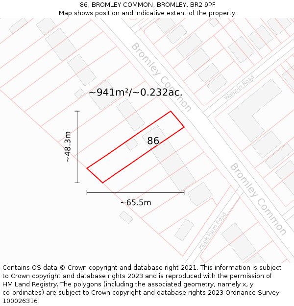 86, BROMLEY COMMON, BROMLEY, BR2 9PF: Plot and title map