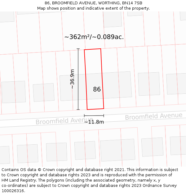 86, BROOMFIELD AVENUE, WORTHING, BN14 7SB: Plot and title map