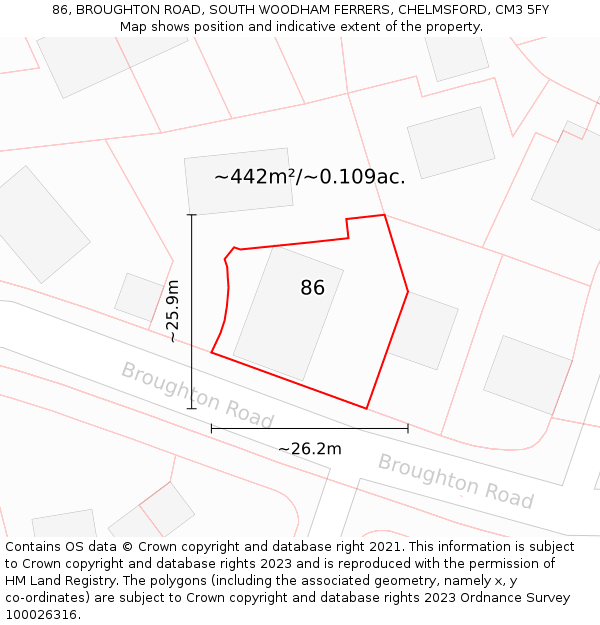 86, BROUGHTON ROAD, SOUTH WOODHAM FERRERS, CHELMSFORD, CM3 5FY: Plot and title map