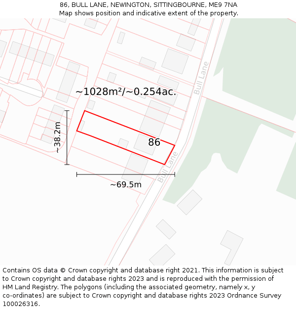 86, BULL LANE, NEWINGTON, SITTINGBOURNE, ME9 7NA: Plot and title map