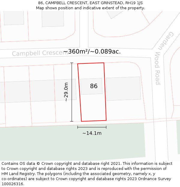 86, CAMPBELL CRESCENT, EAST GRINSTEAD, RH19 1JS: Plot and title map