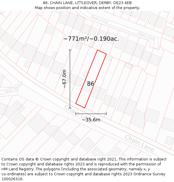 86, CHAIN LANE, LITTLEOVER, DERBY, DE23 4EB: Plot and title map