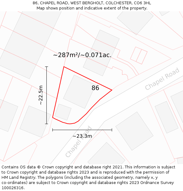 86, CHAPEL ROAD, WEST BERGHOLT, COLCHESTER, CO6 3HL: Plot and title map