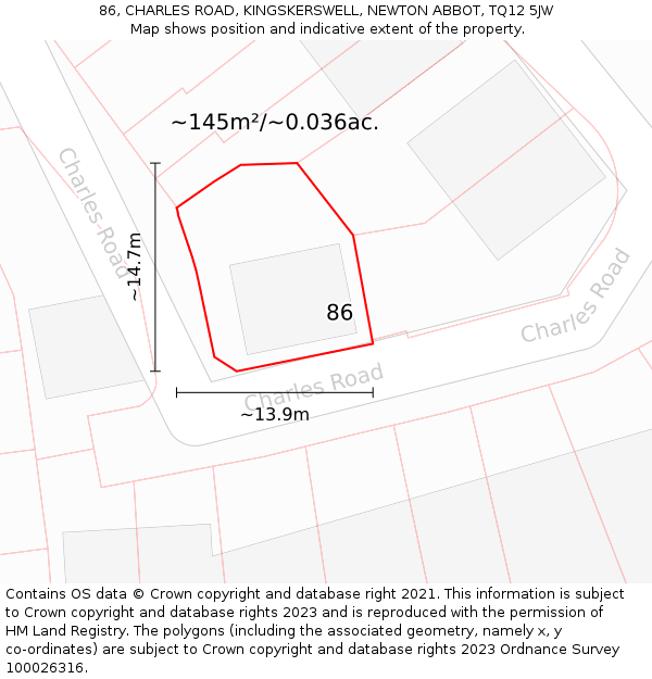86, CHARLES ROAD, KINGSKERSWELL, NEWTON ABBOT, TQ12 5JW: Plot and title map